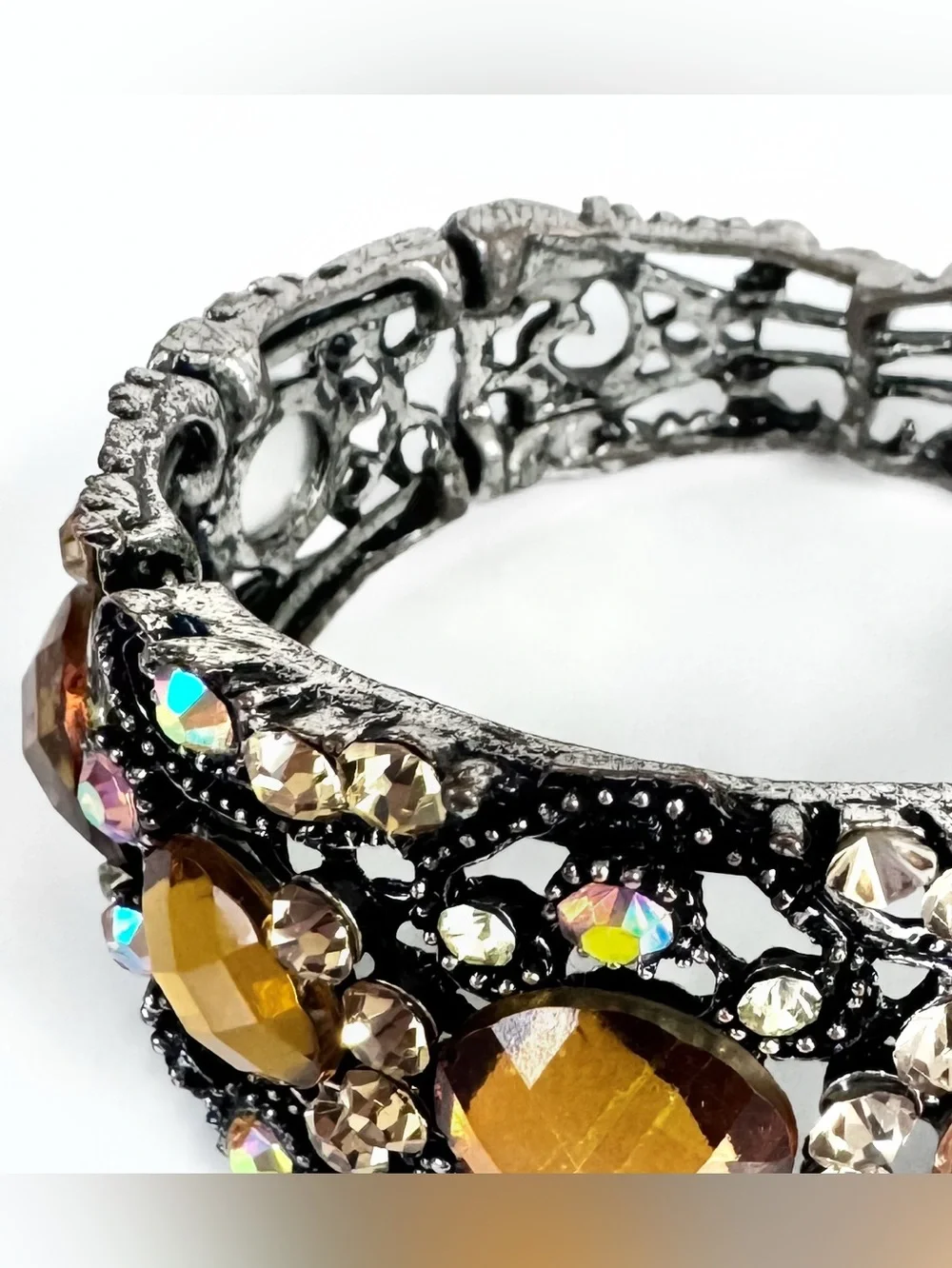 Amber Crystal Metal Cuff Bracelet Scrollwork Iridescent Rhinestone